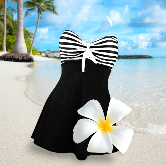 Cocoship Black/White Vintage One Piece Skirtini Cover-Up Skirted Swimsuit US 22 - Picture 8 of 8
